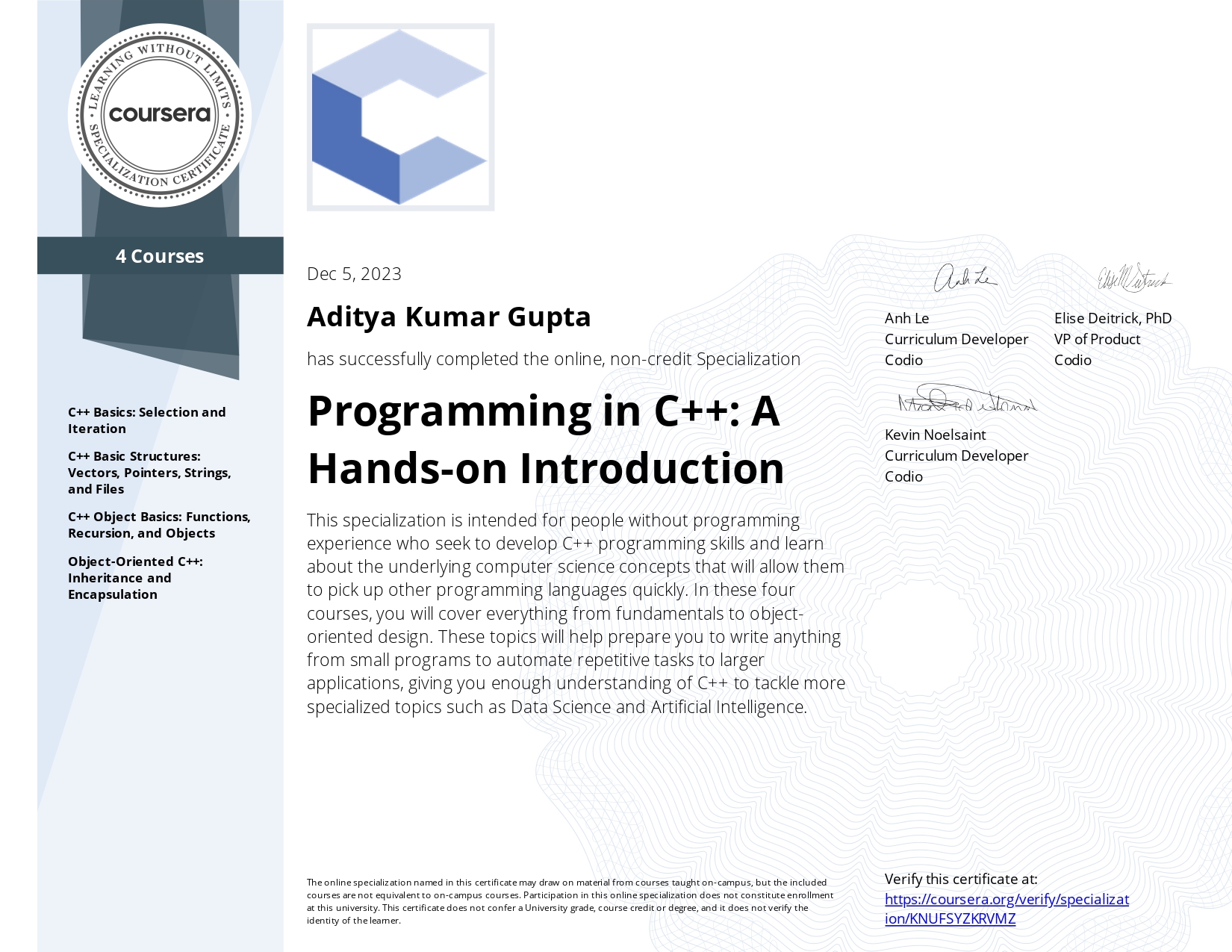 Programming in C++: A
 Hands-on Introduction